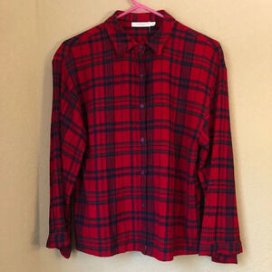 Lush Women's Small Red/Black Plaid Button Up Wide Long Sleeves 100% Viscose